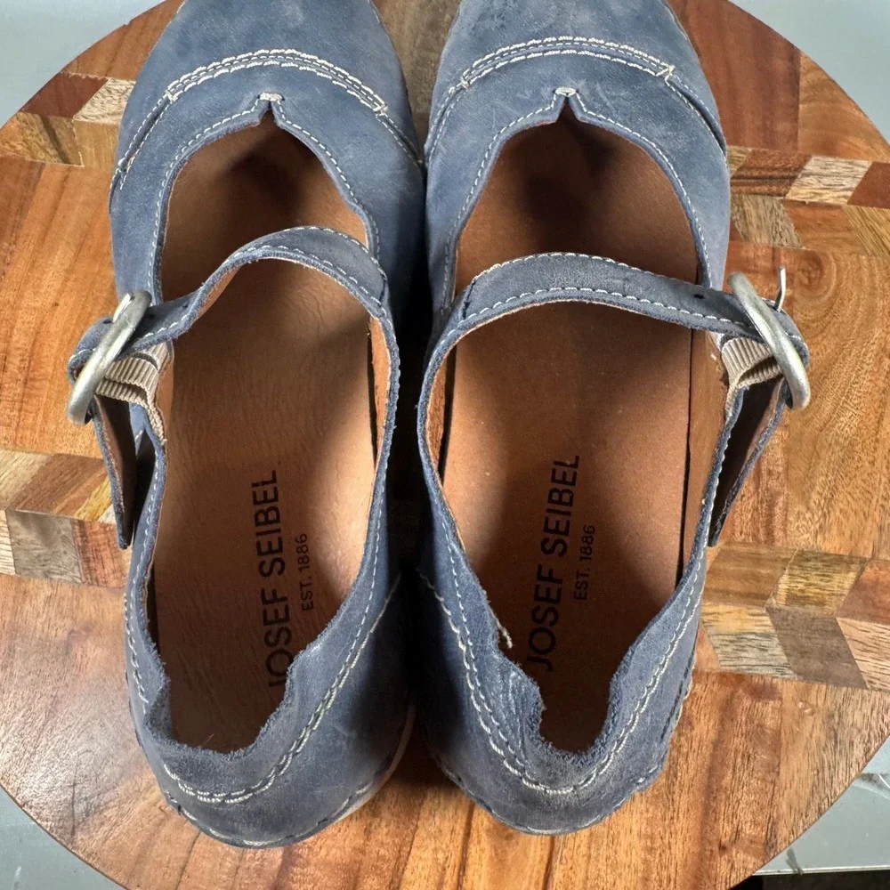 Josef Seibel Blue Leather Mary Jane Buckle Shoes Womens 39 Contrast Stitching
